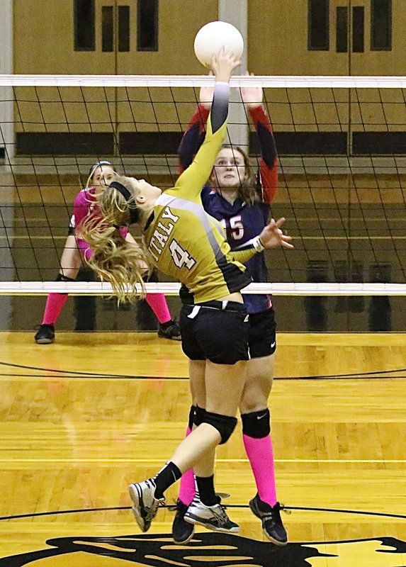 Image: Lady Gladiator Halee Turner(4) tries to power a point.
