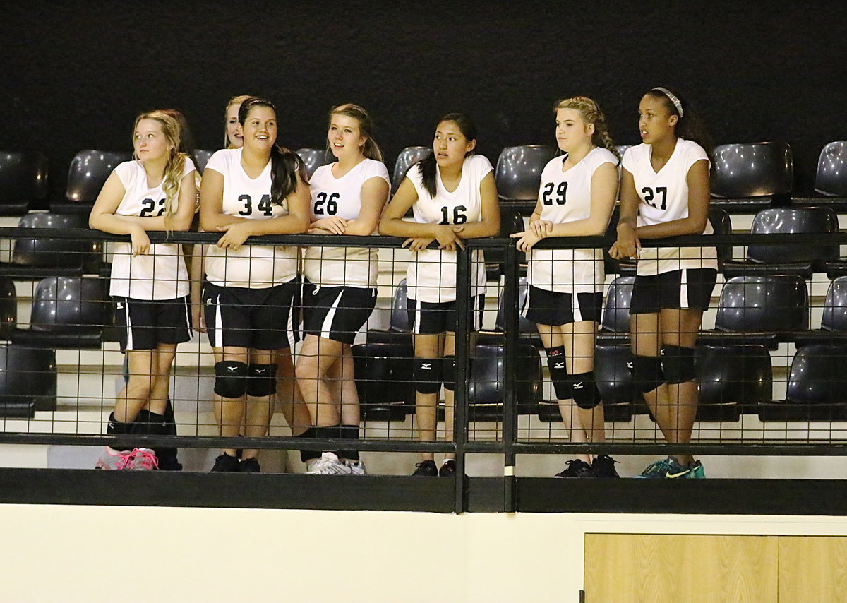 Image: Junior High Lady Gladiators Rachel Huskins, Annie Perry, Jenna Holden, Sydney Weeks, Marlen Hernandez, Grace Haight and Emmy Cunningham check out the B-team game from the upper deck of Italy Coliseum.