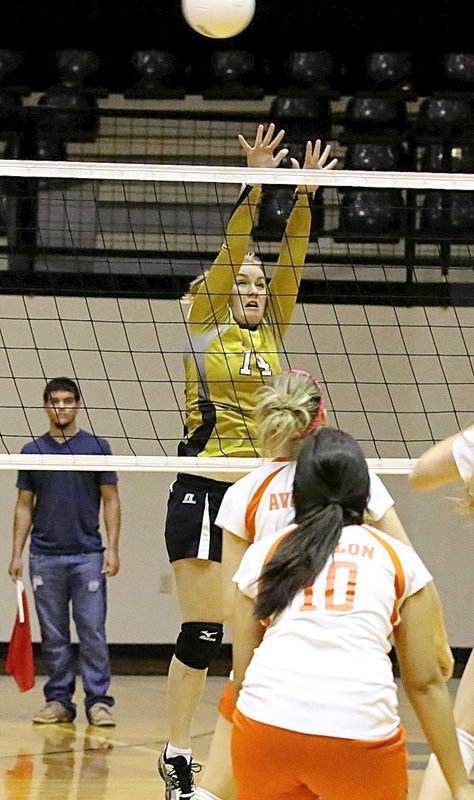 Image: Senior leaper Taylor Turner(14) forces an Avalon return to be high.