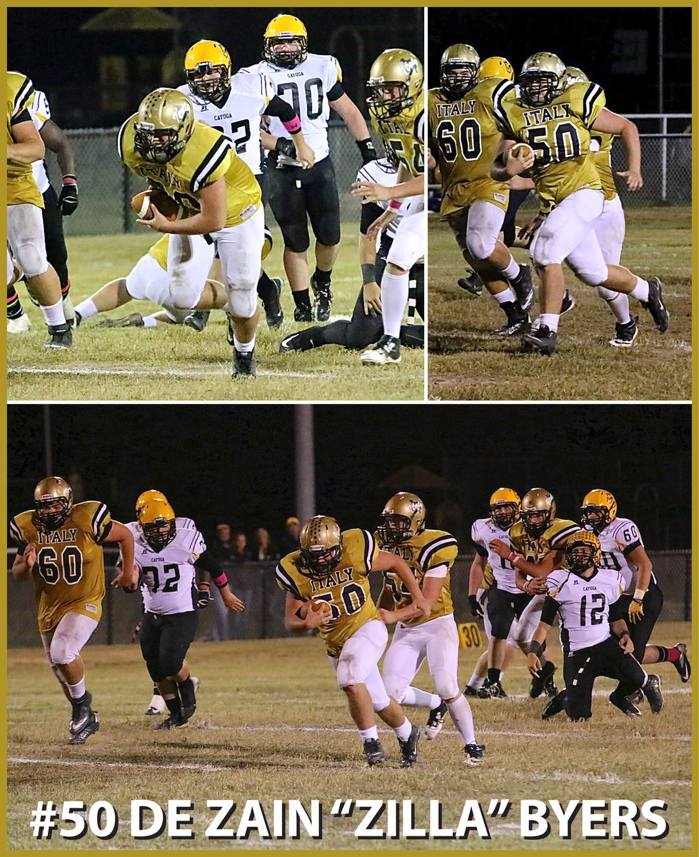 Image: Hammer down: Scooping up the ball on the run is Senior defensive end Zain Byers(50) who rumbles 20 yards to setup up Italy’s final touchdown to help the Gladiators hammer the final nail into Cayuga’s coffin.