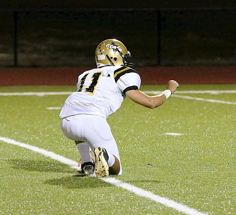 Image: Senior holder Tyler Anderson(11) calls for the ball from center Kyle Fortenberry during a point-after kick attempt by Kevin Roldan. Italy kicked in 4-out of-4 P.A.T.s during the game to win by 4-points, 28-24. With Gateway trying to mount a last second drive, they couldn’t settle for field goal to tie but had to hope for a touchdown, thanks in large part to Anderson’s consistency. In fact, Anderson, Fortenberry and Roldan have been a perfect 10-of-10 over the past two games.