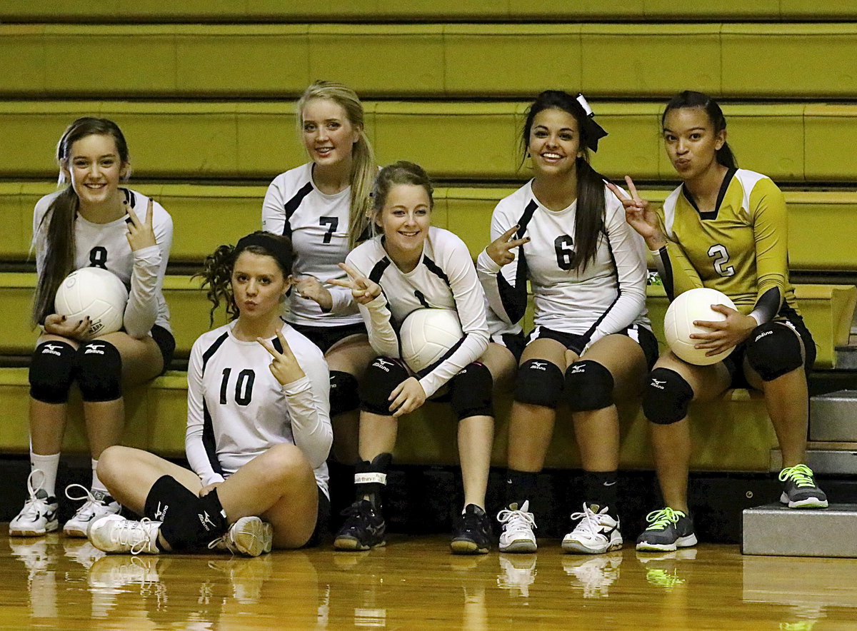 Image: JV Lady Gladiators Jozie Perkins(8), Brooke DeBorde(10), Hannah Washington(7), Britney Chambers(1), Ashlyn Jacinto(6) and April Lusk(2) enjoy camaraderie before their game against Frost.