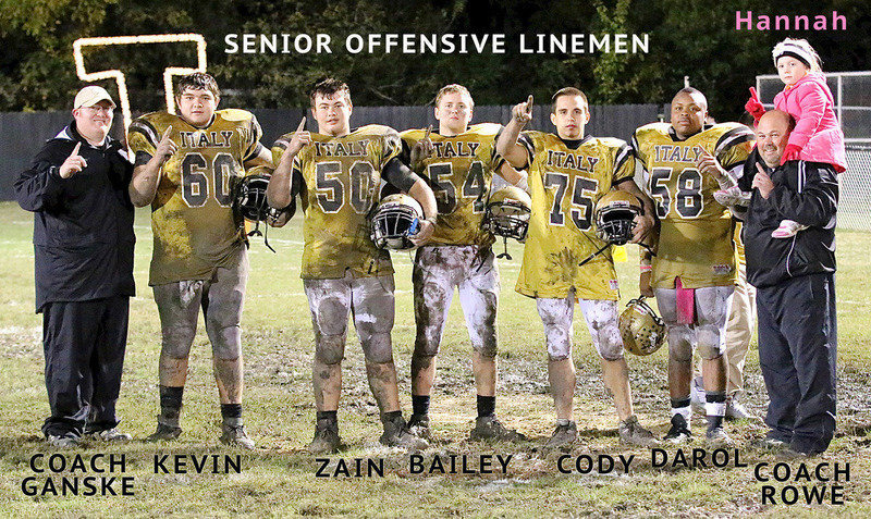 Image: The Gladiator senior linemen Kevin Roldan(60), Zain BYers(50), Bailey Walton(54), Cody Medrano(75) and Darol Mayberry(58) pose with defensive coordinator Brandon Ganske and line coach Wayne Rowe with daughter Hannah Rowe showing her pride for the district champs.