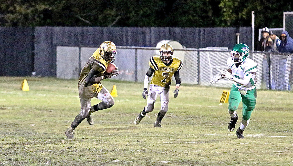 Image: Italy linebacker TaMarcus Sheppard(10) picks off a Bobcat pass and takes it to the field house for a touchdown! The play was the second pick-six for the Gladiator defense this season under defensive coordinator Brandon Ganske.