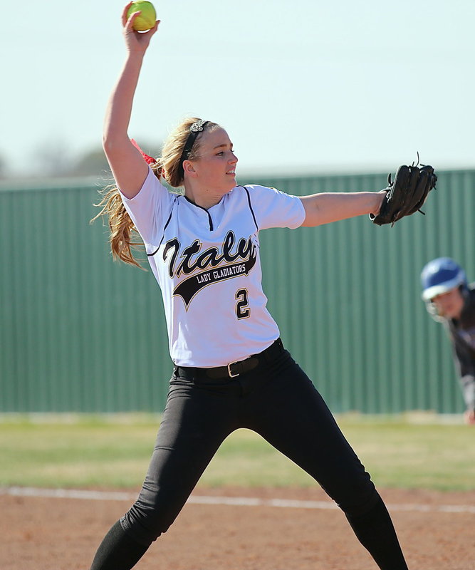 Image: Junior pitcher Madison Washington gets the job done against Jewitt-Leon during Italy’s second warmup game on Thursday. The Lady Gladiators hit their way to a decisive 9-2 victory.