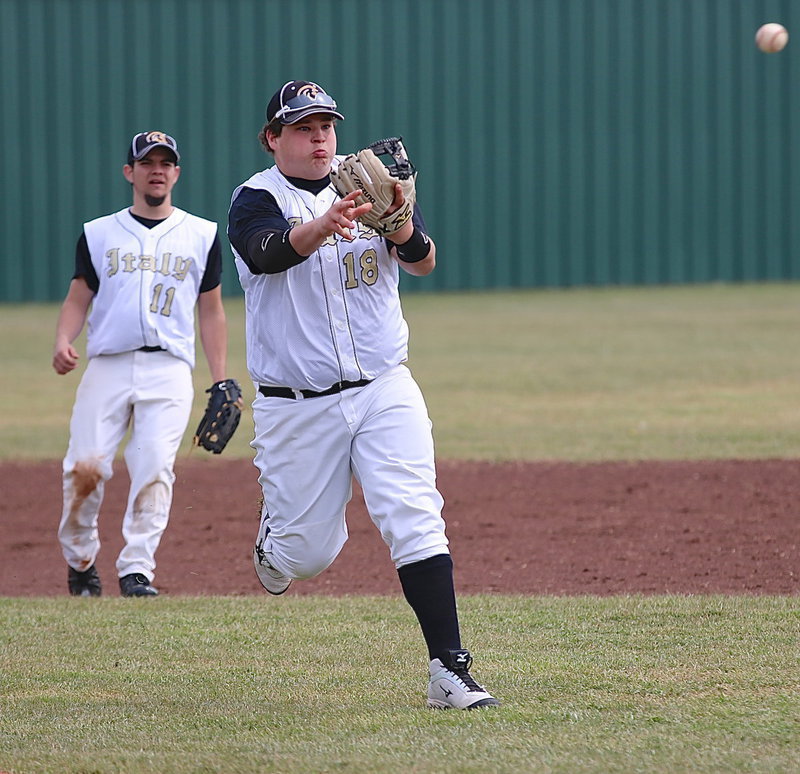 Image: Third-baseman John Byers(18) throws Roosevelt runner out at first.