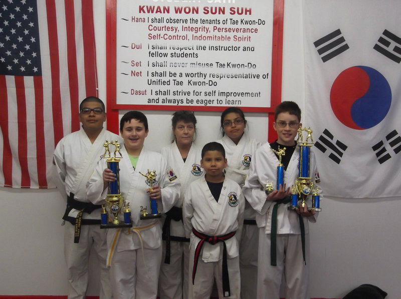 Image: Pictured top row:  Mario Perez-Black Belt-Milford, Amy Tinney-Black Belt-Hillsboro, Isamar Perez-Black Belt-Milford, Michael Russell-Italy.  Bottom Row;  Rocklin Ginnett-Italy and Nick Sam-Italy.  Two students were not pictured Javier and Michael Gonzalez.