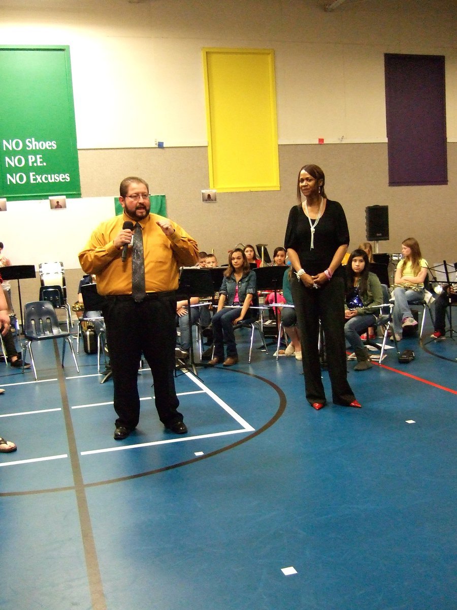 Image: Mr. Velasco (new superintendent) and Miss Thomas (new Stafford principal) are happy to be at the pep rally.