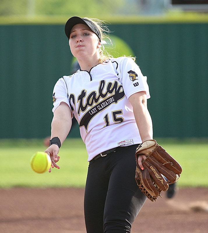 Image: Jaclynn Lewis(15) doesn’t allow a run all afternoon while the Lady Gladiator offense put up 26 runs in two games. (Barry Byers)