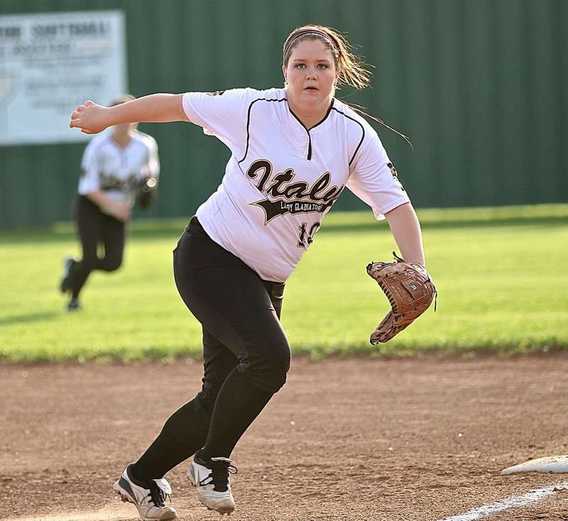 Image: After handling everything hit her way in the field of play, senior first-baseman Paige Westbrook(10) reacts to a foul ball in hopes of making that catch as well.