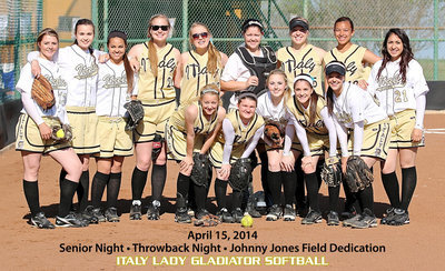 Image: What a night! The current Lady Gladiators honored their seniors, honored their former teams by wearing throwback uniforms and were part of the field dedication ceremonies with current assistant coach Johnny Jones being honored. And the night got even better with Italy shutting out visiting Avalon 15-0 to sweep the Lady Eagles in district play. Pictured on the back row (L-R): Brooke DeBorde, Amber Hooker, Ashlyn Jacinto, Madison Washington, Hannah Washington, Paige Westbrook, Jaclynn Lewis, April Lusk and Lizzie Garcia. Front row (L-R): Britney Chambers, Tara Wallis, Kelsey Nelson, Cassidy Childers and Bailey Eubank.