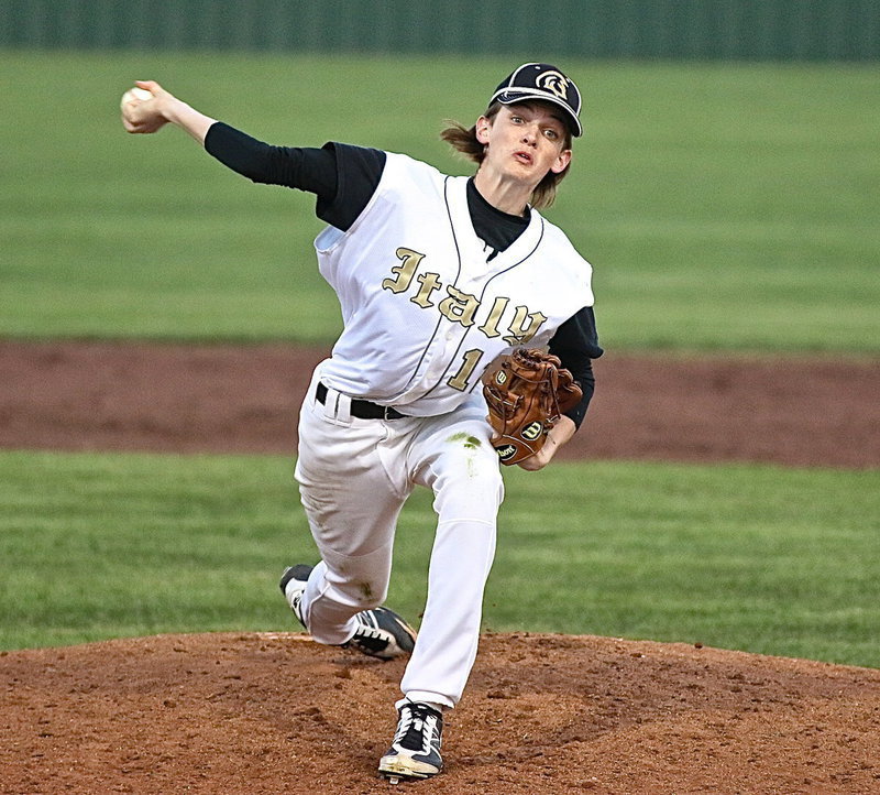 Image: Sophomore pitcher Ty Windham(12) records 6 strikeouts in three-innings to help lead the district leading Italy Gladiators to a 15-0 shutout win over Avalon.