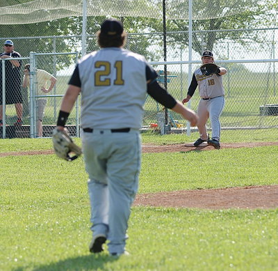 Image: Third-baseman John Byers(21) owned the second-inning capturing all three outs needed for the Gladiator defense. Here, Byers fields a grounder and then delivers the ball on the money to first-base teammate Kevin Roldan(16).