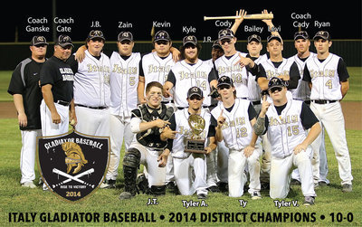 Image: Catching Perfection: Congratulations to the Hitmen of the Gladiator Baseball team for chasing, and eventually catching, district perfection with an undefeated 10-0 record. Back row (L-R): Assistant coach Brandon Ganske, assistant coach Jackie Cate, John Byers, Zain Byers (Sr.), Kevin Roldan (Sr.), Kyle Fortenberry (Sr.), Kenneth Norwood, Jr., Cody Boyd, Bailey Walton (Sr.), Levi McBride, head coach Jon Cady and Ryan Connor. Bottom row (L-R): John Escamilla, Tyler Anderson (Sr.), Ty Windham and Tyler Vencill. Not pictured is Eric Carson (Sr.).