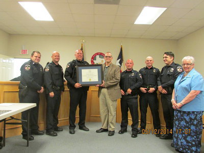 Image: Italy Police Department left to right:
    Ofc. Jason Cherry, Sgt. Shawn Martin, Chief Diron Hill, Chief Michael Sullivan, Farmersville PD, Ofc. Guy Saxon, Cpl. Daniel Pitts, Ofc. Michael Stevens, Sue Lauhoff Admin Asst/Program Manager