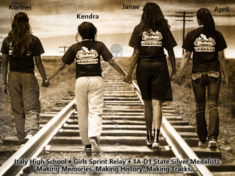 Image: Bringing medals home to Italy — Congratulations to Kortnei Johnson, Kendra Copeland, Janae Robertson and April Lusk for finishing strong to become 2014 1A-D1 State Silver Medalists in the girls sprint relay event!