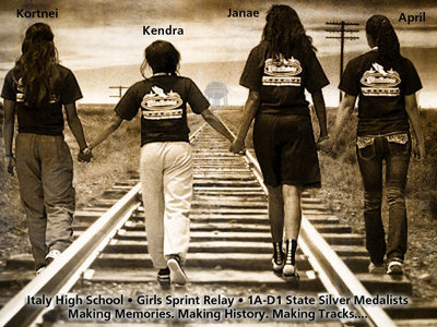 Image: Bringing medals home to Italy — Congratulations to Kortnei Johnson, Kendra Copeland, Janae Robertson and April Lusk for finishing strong to become 2014 1A-D1 State Silver Medalists in the girls sprint relay event!