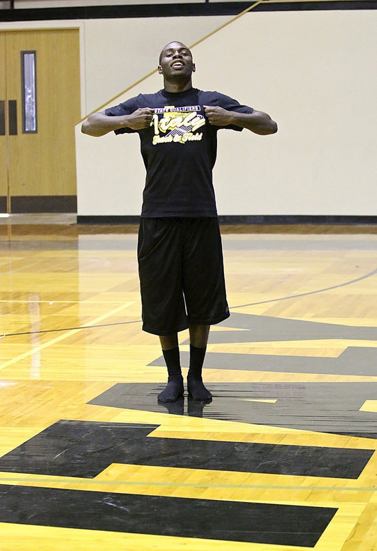 Image: Senior high jumper TaMarcus “T” Sheppard makes certain everyone knows where we all hail from. TaMarcus finished in 4th place at the State Track Meet in Austin.