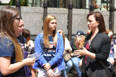 Image: Reagan Adams, Rachel Huskins, Kirsten Viator, listen to Grace Stevens a 2000 Graduate of Italy High School share about life in NYC.  Grace took time out of her schedule to talk and welcome some hometown Italians to the Big Apple.