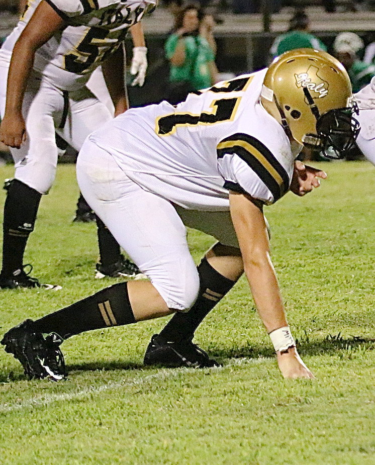 Image: Freshman Clay Riddle(77) is set to go at his defensive end position against Kerens in what was his first varsity game for the Gladiators.