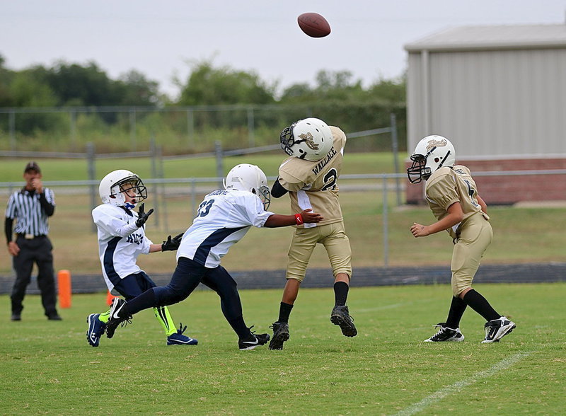 Image: B-team Gladiator quarterback Jaylon Wallace(2) launches a pass into the endzone as teammate Gabe Martinez(4) tries to hold back the Bulldog rush.