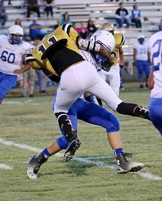 Image: Kaboom!!! Gladiator Fabian Cortez(11) welcomes Frost to Willis Field the hard way with a high-flying tackle on the opening kickoff.