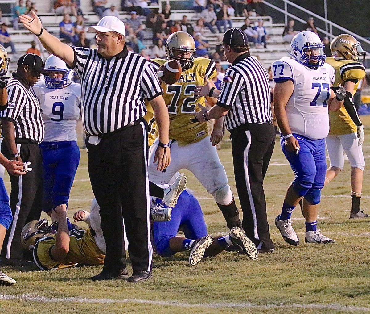 Image: First Down, Italy!!! Aaron Pittmon(72) recovers the Frost fumble to give Italy  chance to score at the 3-yard line of Frost.