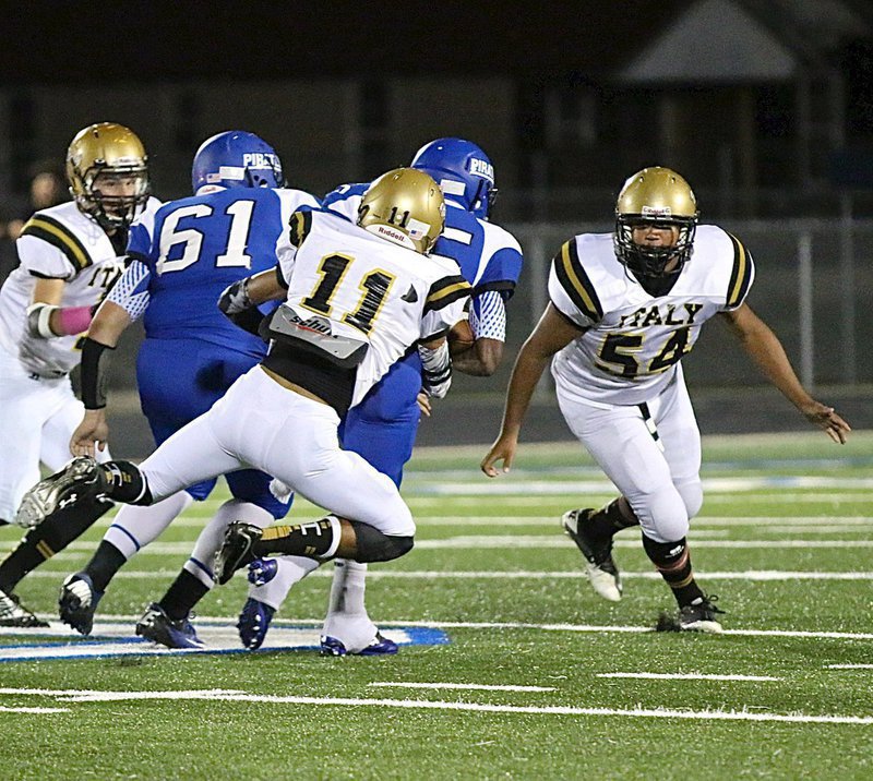 Image: Fabian Cortez(11) catches up to a Pirate running back who threatens to break a big run. Fellow Gladiators Ryan Connor(7) and Chris Davila(54) track the ball as well.