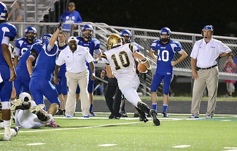 Image: Senior Gladiator tailback Coby Jeffords(10) searches for running room down Chilton’s sideline.