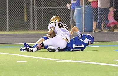 Image: Senior safety Jack Hernandez(80) comes down with an interception for the Gladiators.