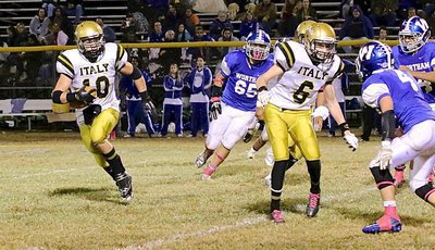 Image: Italy’s Clayton Miller(6) tries to get teammate Coby Jeffords(10) the edge against Wortham’s defense.