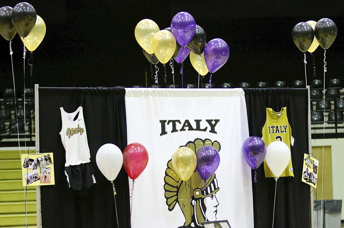 Image: Italy Coliseum adds a touch of purple to its gold and black decor in support of senior student-athlete Kortnei Johnson who officially signed her letter of intent to run track for the LSU Lady Tigers in 2015.