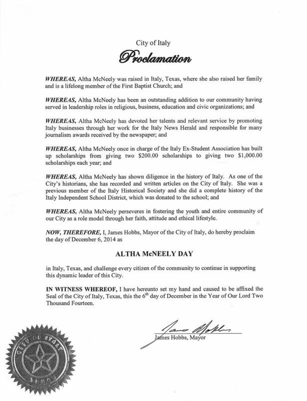 Image: The City of Italy proclaimed December 6, 2014 Altha McNeely Day.