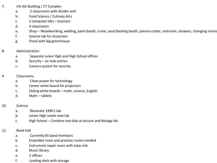 Image: The next few images contains the list of improvements that Mr. Rabe made during his interviews with the teachers and staff at both campuses.