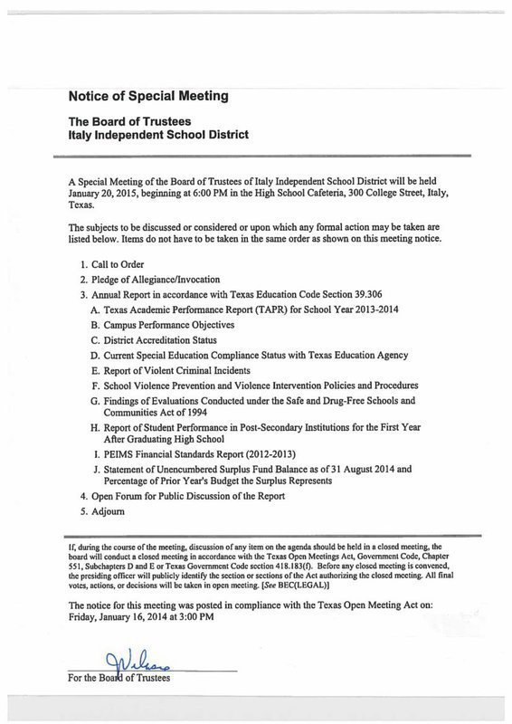 Image: Agenda: Special Called Meeting