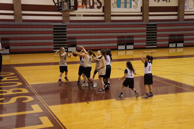 Image: Defense!  Taylor and Gabi block the shot.