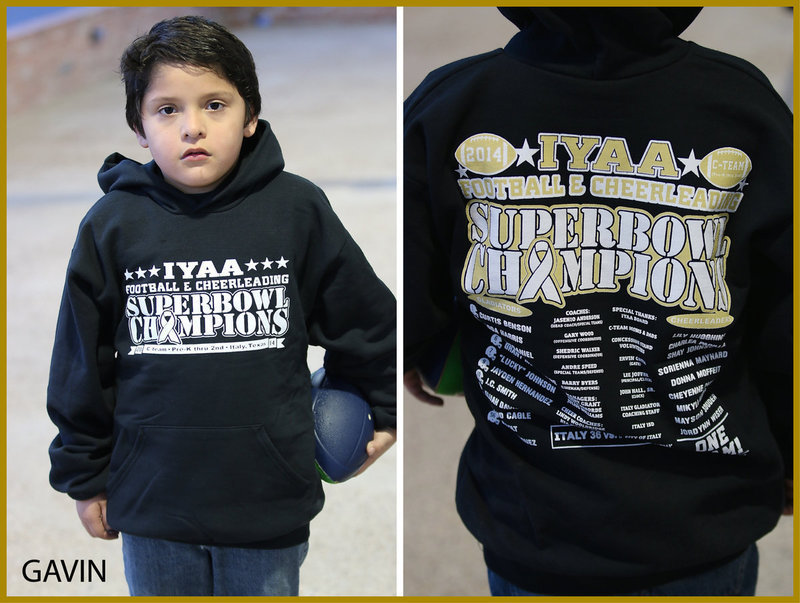Image: Offensive and defensive tackle Gavin Vasquez models the front and back his IYAA Superbowl Champion hoodie. Gavin’s mother Stefanie Almanza commented that Gavin slept in his hoodie all night. Yeah, it means something.