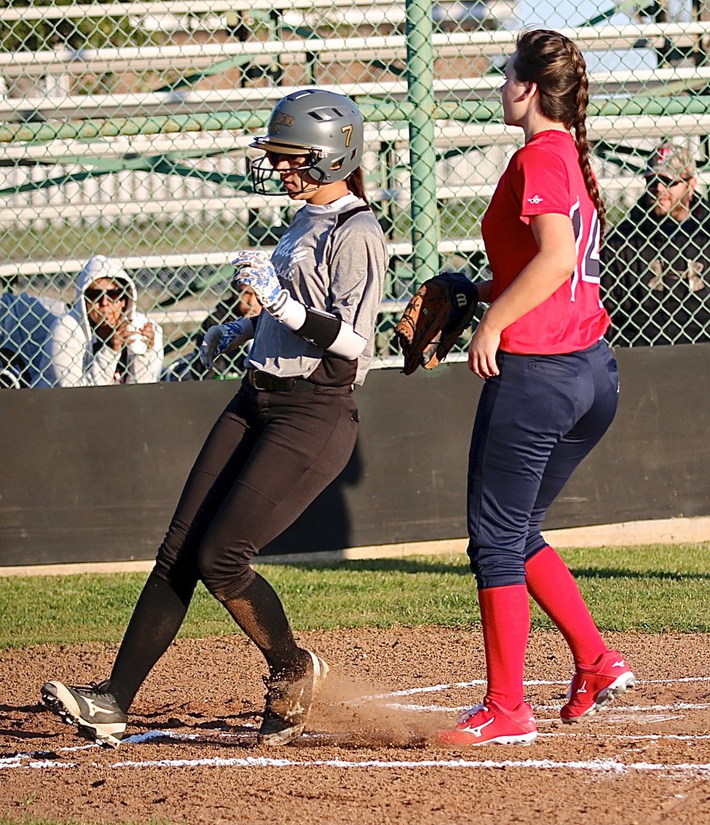 Image: April Lusk(7) scores a run for the Lady Gladiators during the scrimmage against Red Oak Life.