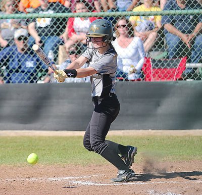 Image: Slap-hitter Bailey Eubank(1) crunches the ball into play for the Lady Gladiator offense.