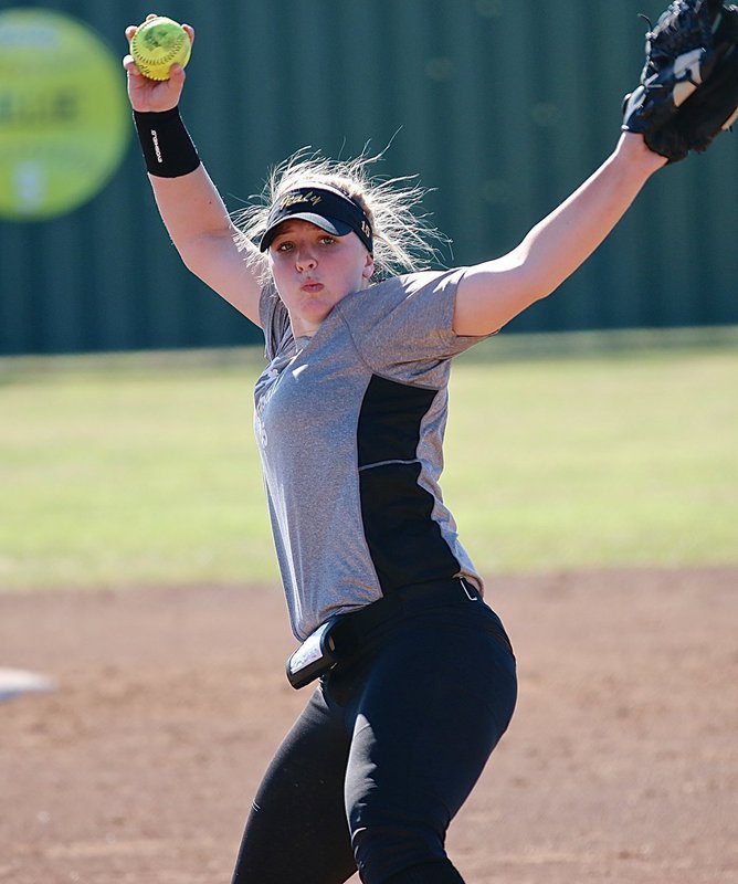 Image: Lady Gladiator pitcher Jaclynn Lewis(15)  was on target against Palmer.