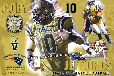 Image: Coby Jeffords (’15) will represent Italy High School and Gladiator Football during the North American All Stars 5th Annual 2015 North Texas Bowl All-Star football game DFW East vs. West Classic. The game is scheduled for Saturday, June 13, at Pennington Field in Bedford, Texas.