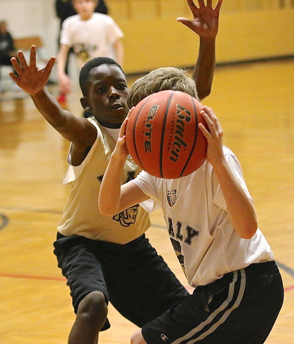 Image: Italy Gold’s Julius Williams(5) covers up Italy White’s Kort Holley(2) who is a bit camera shy here.