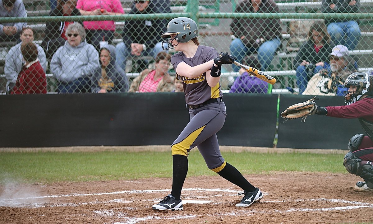 Image: Lady Gladiator senior Kelsey Nelson(14) connects on a Mildred pitch.