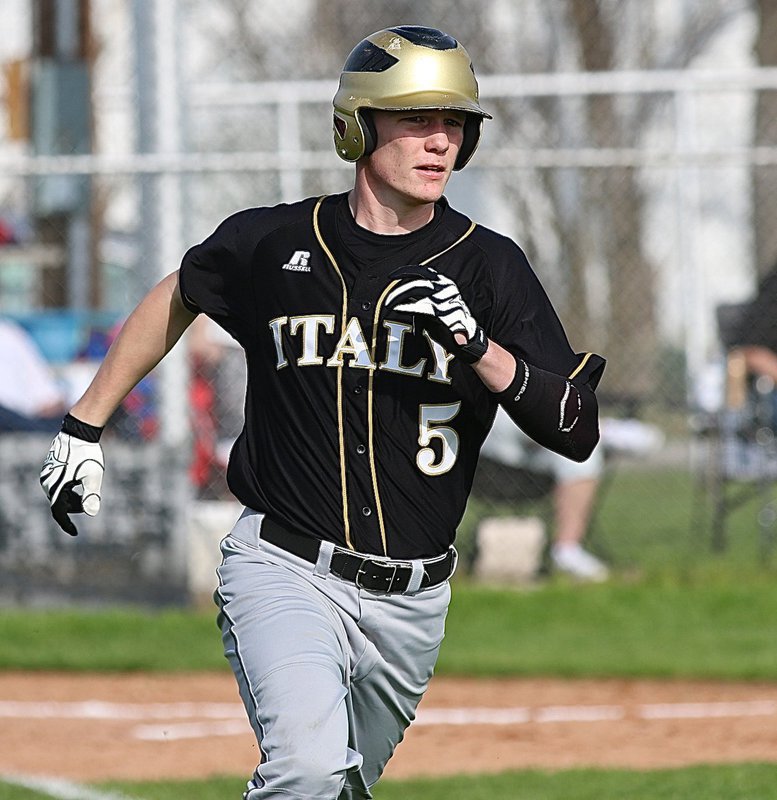 Image: Cody Boyd(5) hustles to first-base after earning his first of two walks in the game against Frost.