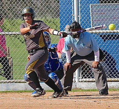 Image: Freshman Lady Gladiator Jenna Holden rockets one down the third-base line against Frost.