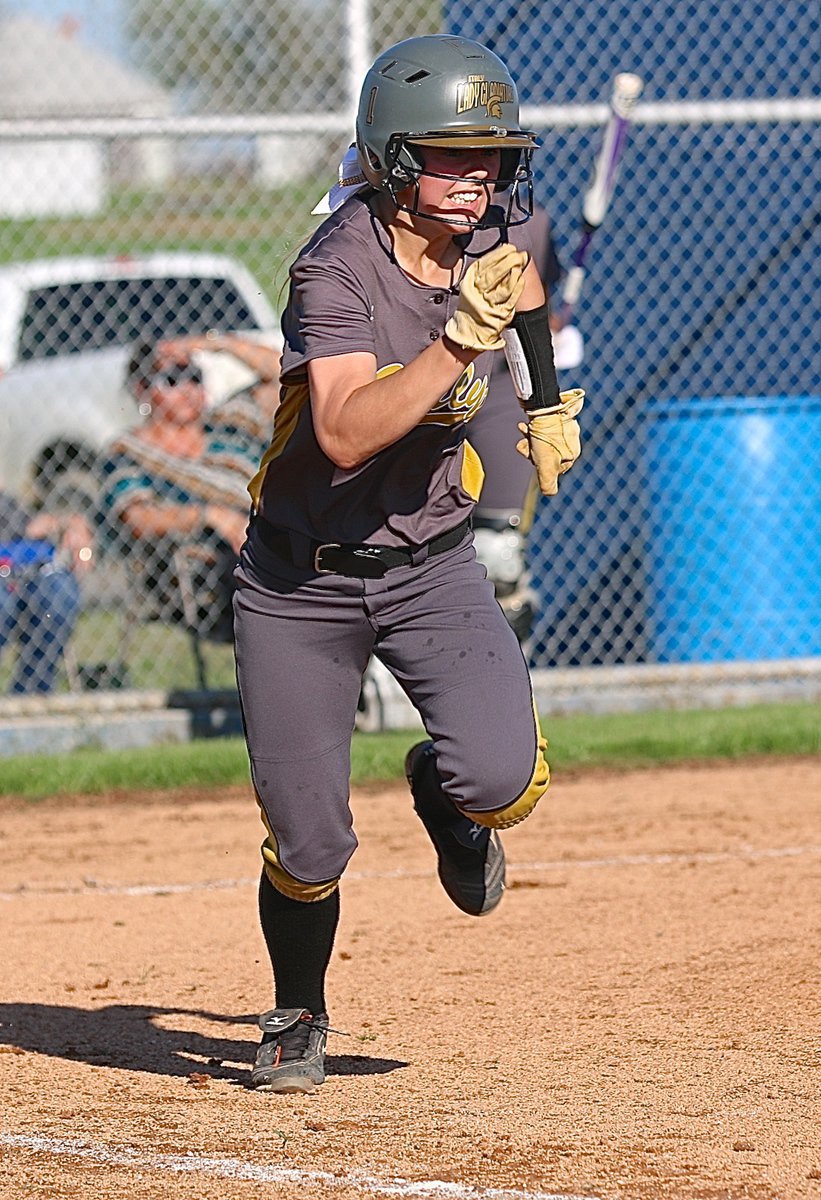 Image: Bailey Eubank(1) strains and pains her way around the bases for a double against Frost.