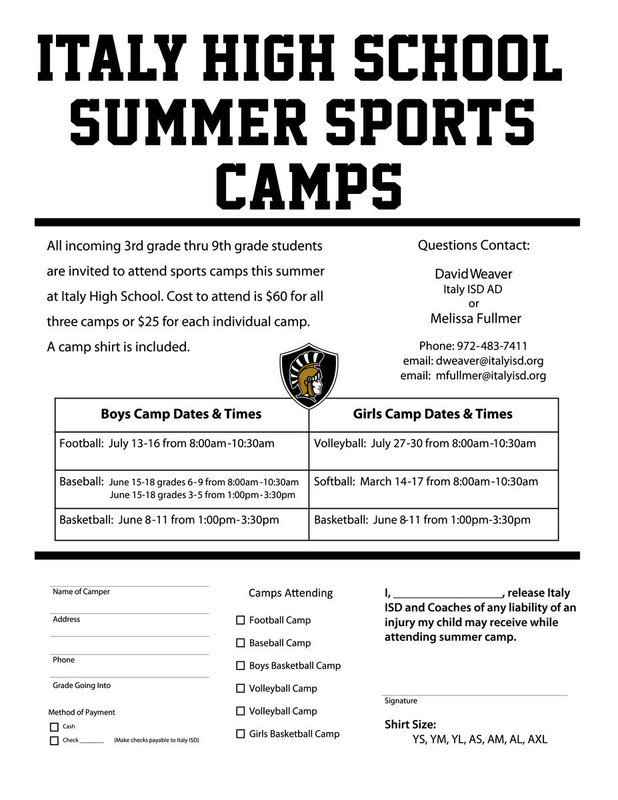 Image: All incoming 3rd grade thru 9th grade students are invited to attend sports camps this summer at Italy High School. NOTE: Enlarge image and select ‘Fit to Page’ before printing form.