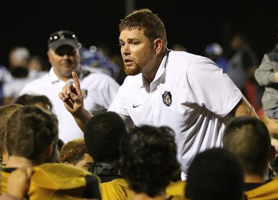 Image: Italy Gladiator Head Coach/Ad David Weaver keeps coaching after the game was won knowing their is still work to do. Italy finished the night with a 34-27 win over Chilton to improve to 4-0 in district play.