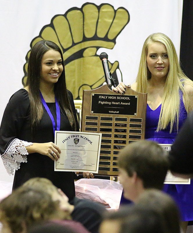 Image: Seniors Ashlyn Jacinto and Hannah Washington share the Italy Lady Gladiator Volleyball Co-Fighting Heart Award.