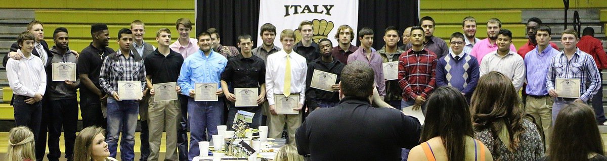 Image: The 2015 Italy Gladiator Varsity Football team members are (L-R): Dylan McCasland, Coach David Weaver, Jaray Anderson, Christion Washington, Jorge Galvan, Clay Riddle, Levi McBride, Ty Windham, Alex Garcia, Hunter Merimon, Elliot Worsham, Micah Escamilla, Garrett Janek, Clayton Miller, Kendrick Norwood, Ryan Connor, Gary Escamilla, Joe Celis, Fabian Cortez, David De La Hoa, Elijah Garcia, Austin Pittmon, Aaron Pittmon, Chirs Davila, Chasston King, Mason Womack and John Hunter.